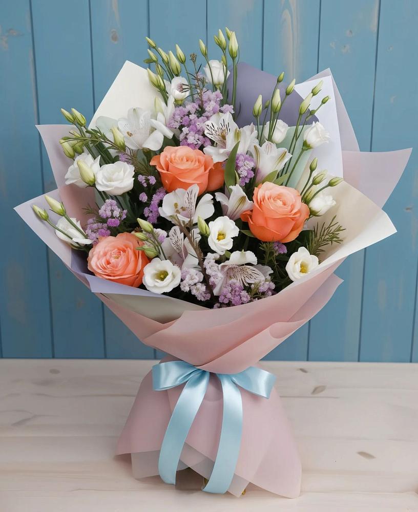 Букет цветов из: Лизиантусы, Розы, Альстромерии и Гипсофила в Песь